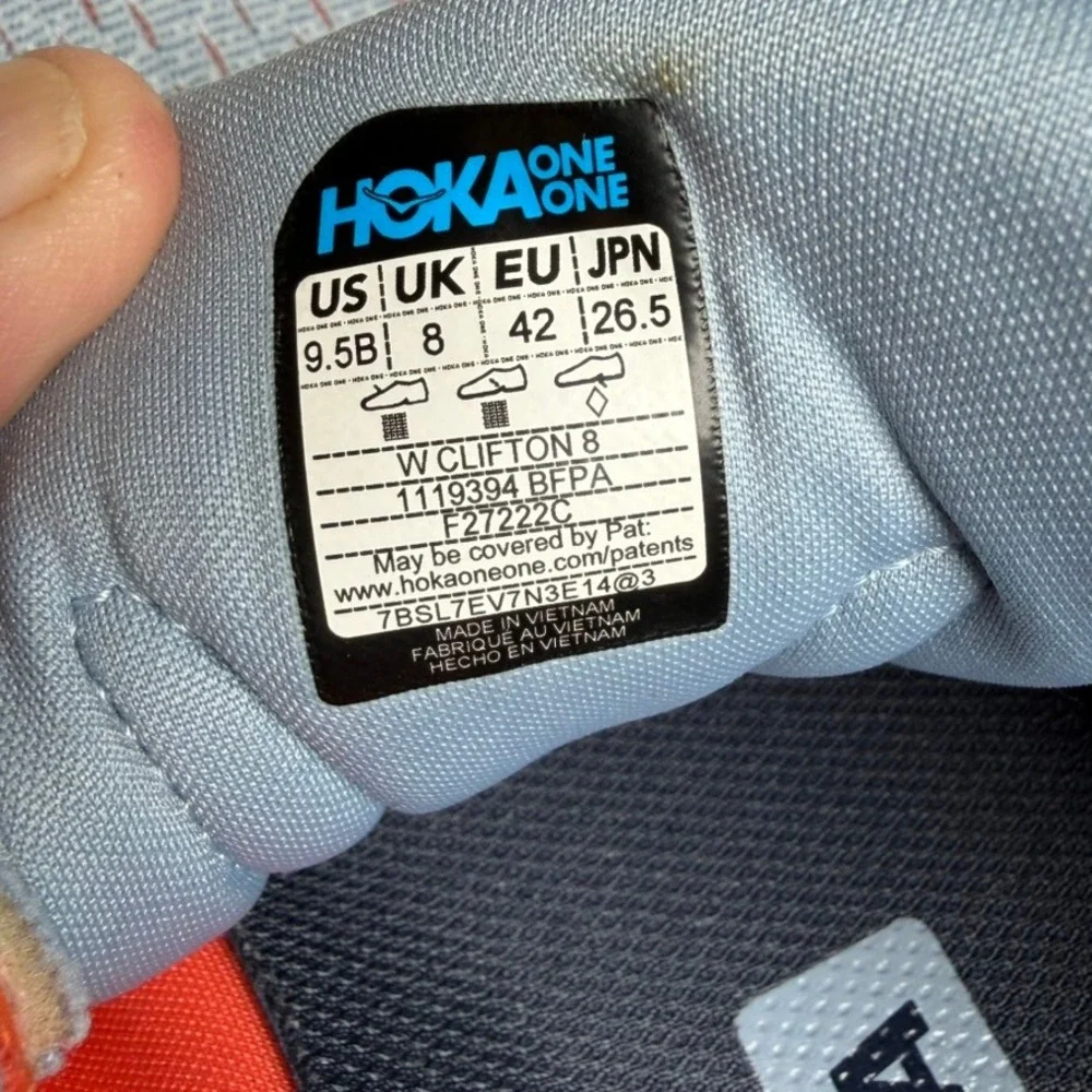 Hoka One One Clifton 8 Blue Fog Orange Running Shoes 1119394 BFPA Womens 9.5 B